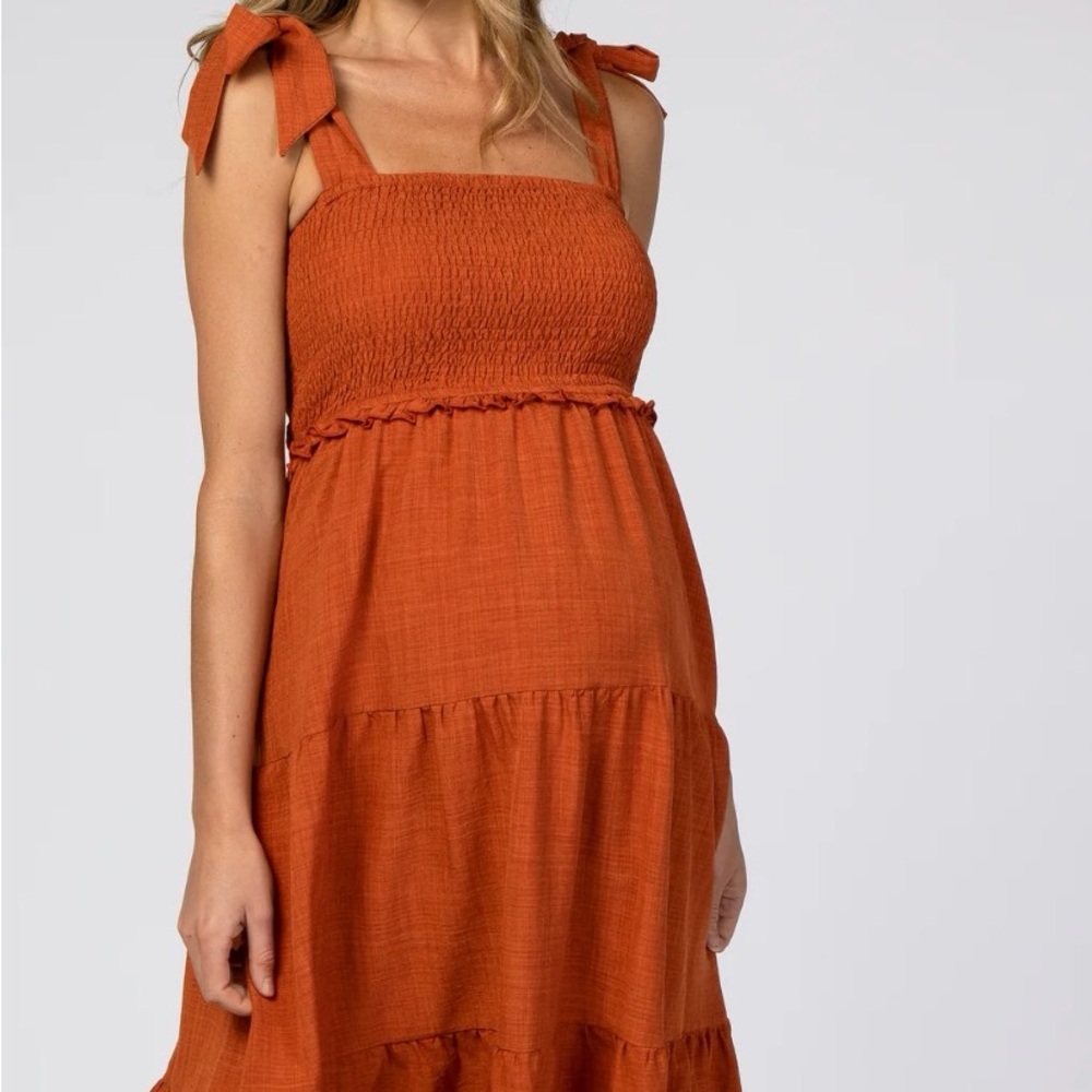 Rust Bow Strap Tiered Maternity Midi Dress Pinkblush Size M Color Rust Orange